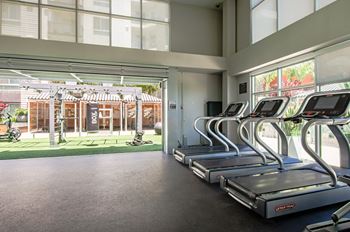 a gym with cardio machines and a grassy area in the background